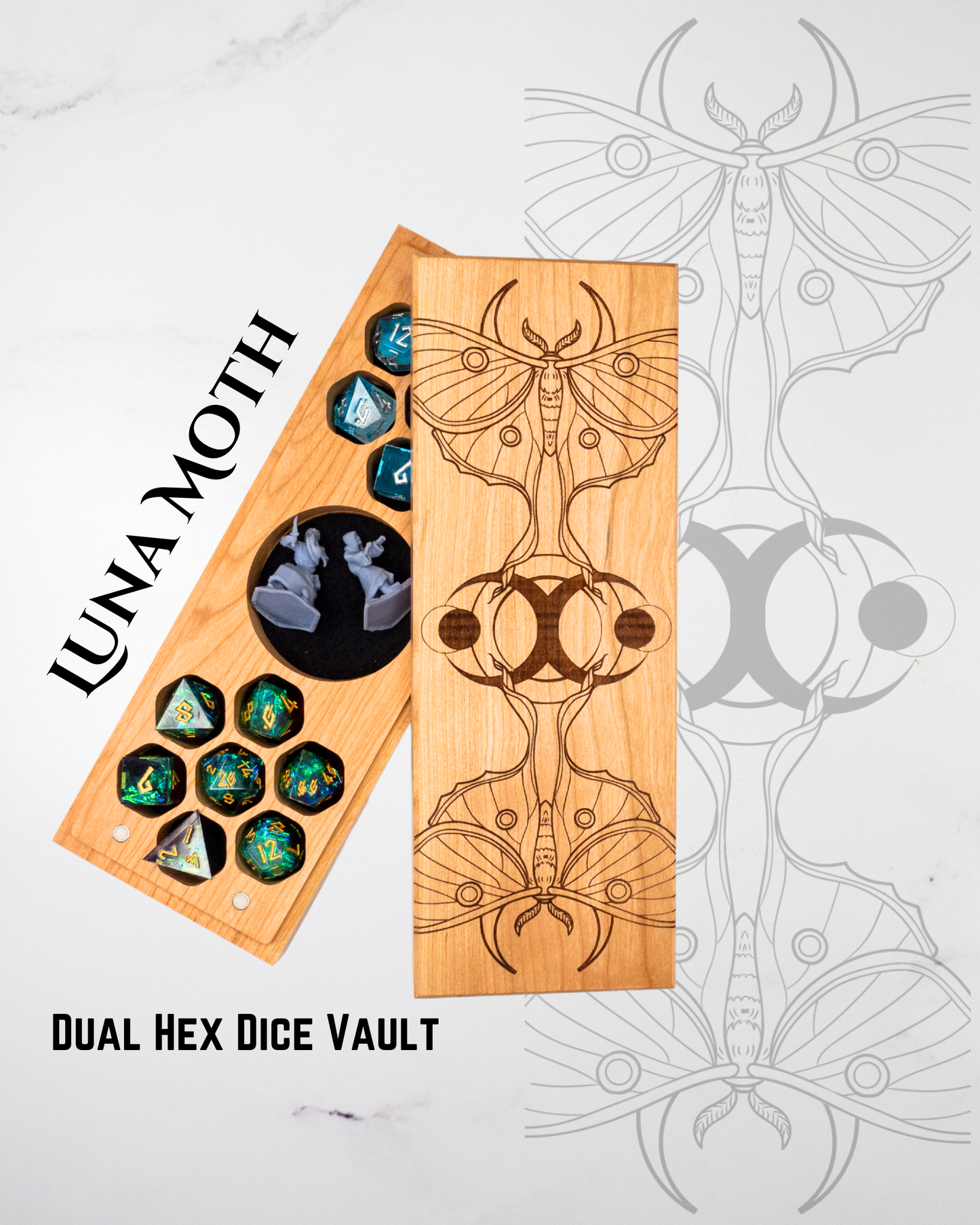 Luna Moth | Engraved Dual Hex Dice Vault