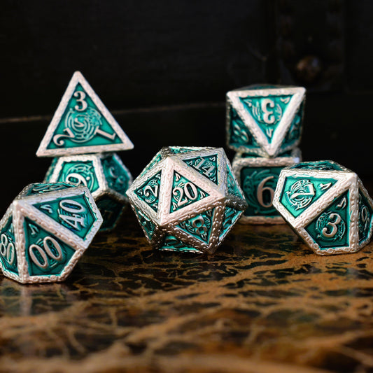 Ballad of the Bard Green and Silver Metal Dice Set