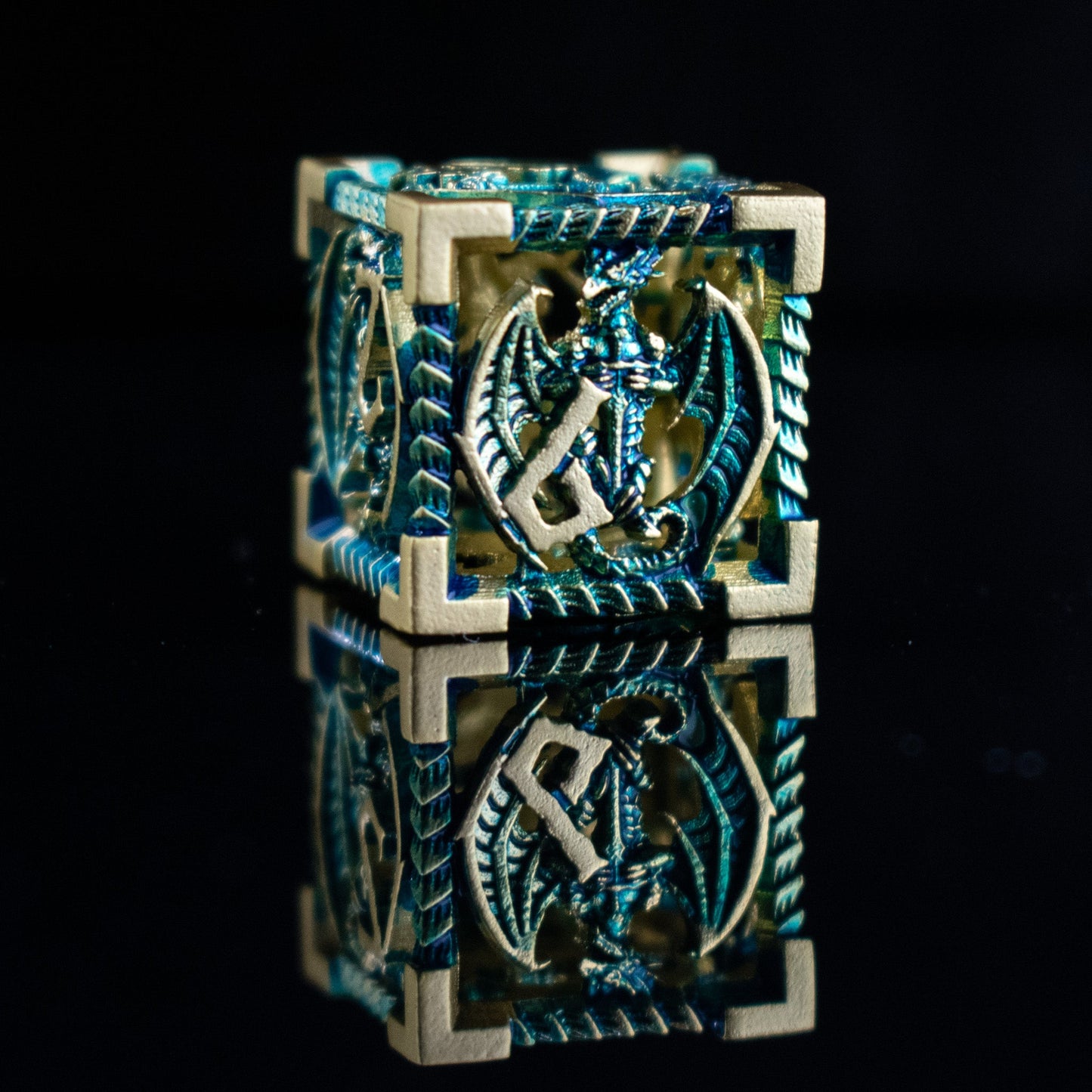 Dragon Sword Hollow Metal Dice Set - Gold and Aqua