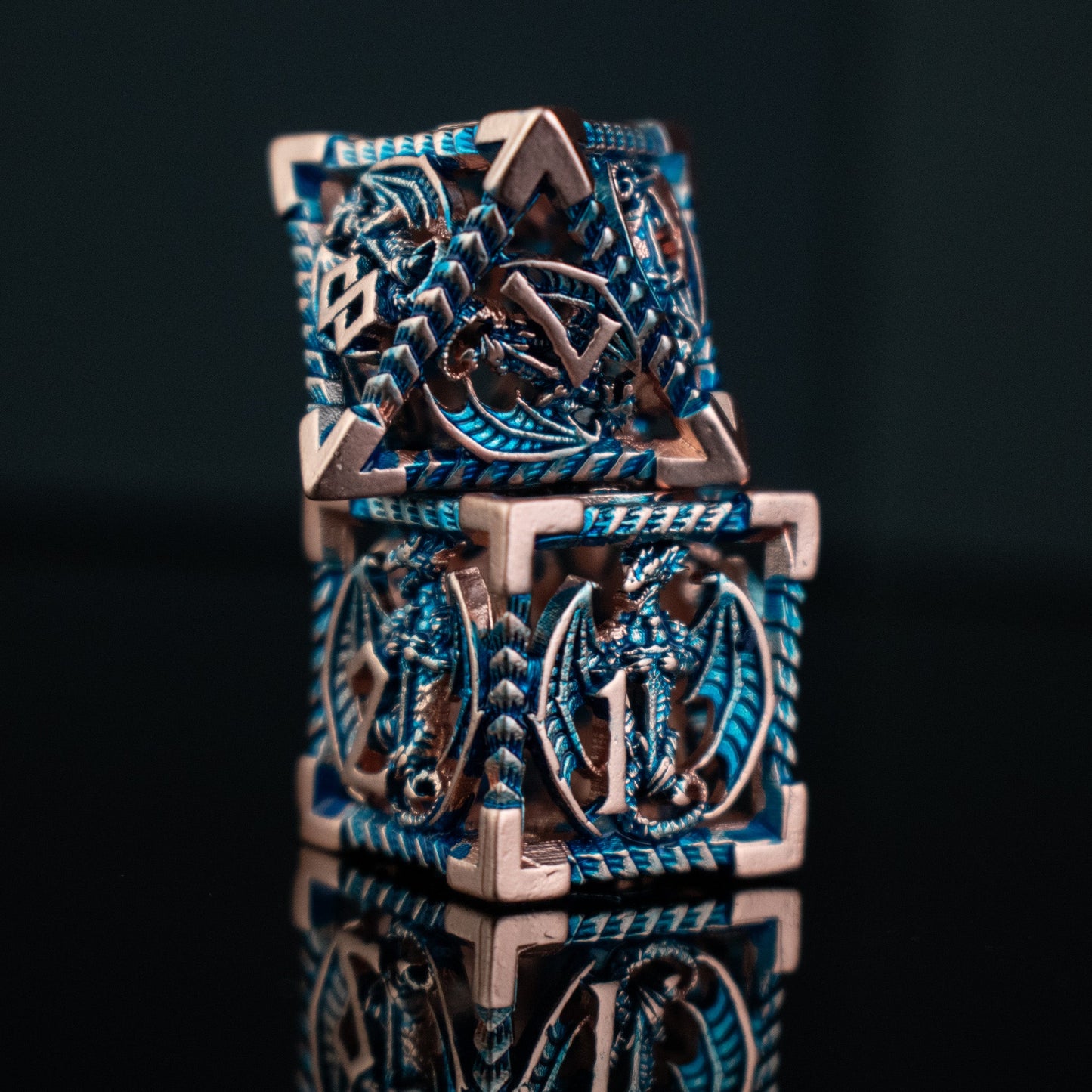 Dragon Sword Hollow Metal Dice Set - Aqua and Bronze