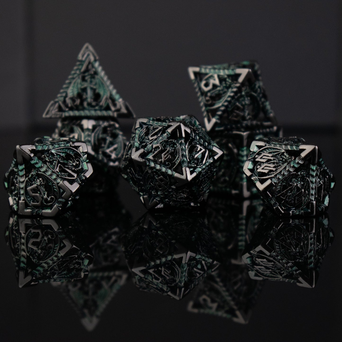 Dragon Sword Hollow Metal Dice Set - Black and Green