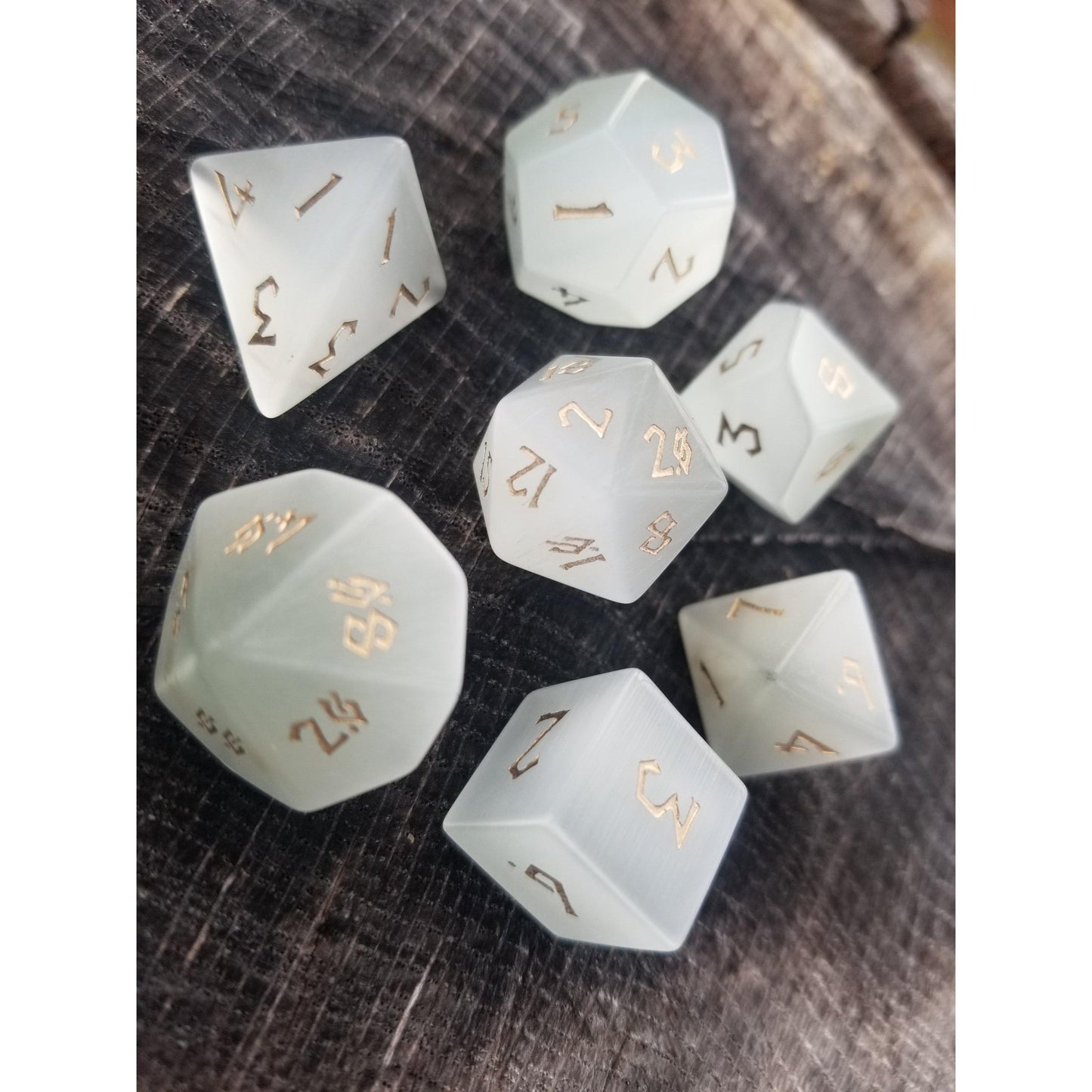White Cat's Eye Stone Dice Set