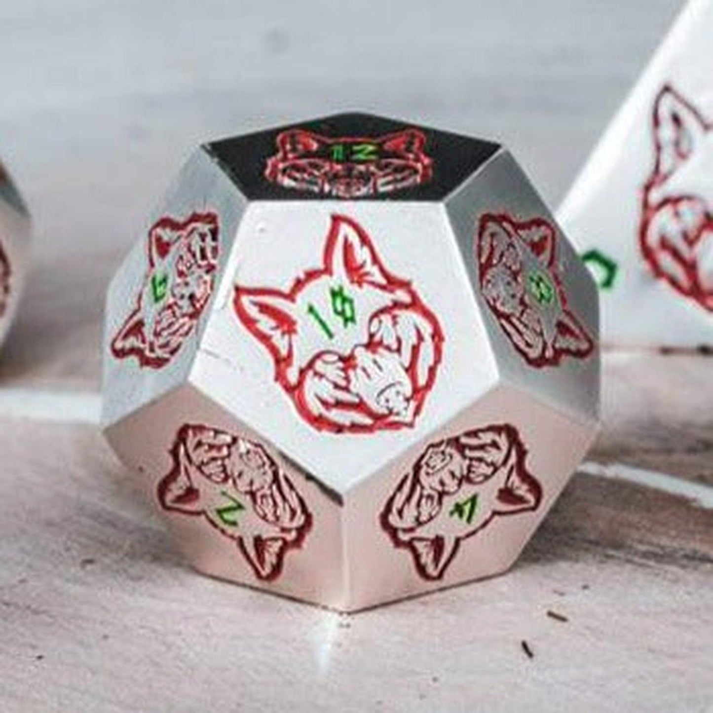 Wolves' Den Red, Green, and Silver Metal Dice Set