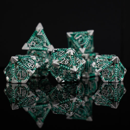 Dragon Sword Hollow Metal Dice Set - Green and Silver