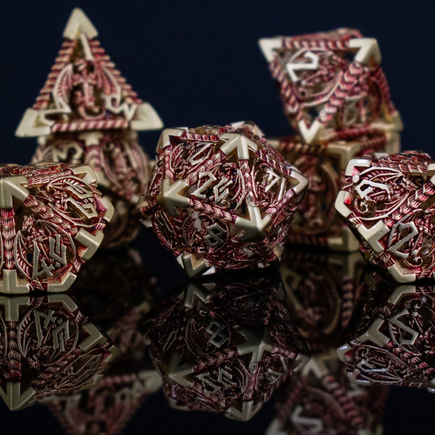 Dragon Sword Hollow Metal Dice Set - Red and Gold