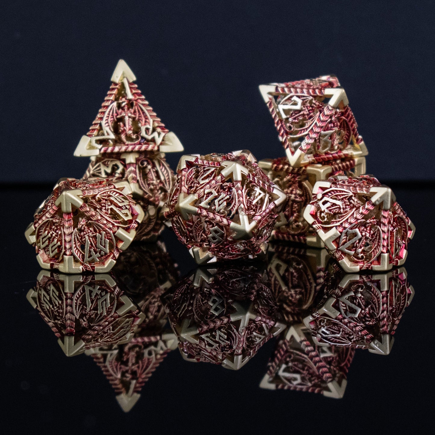 Dragon Sword Hollow Metal Dice Set - Red and Gold