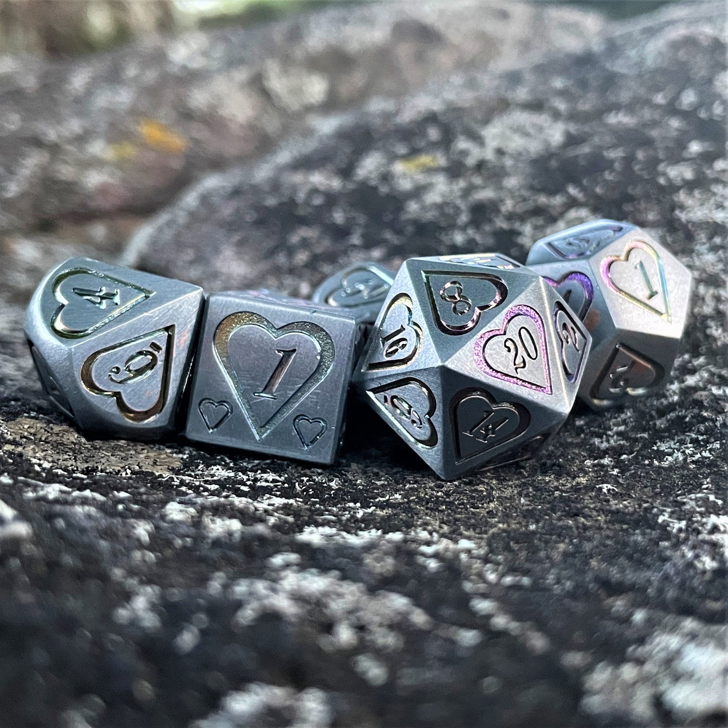 Valentine Silver and Iridescent Heart Metal Dice Set