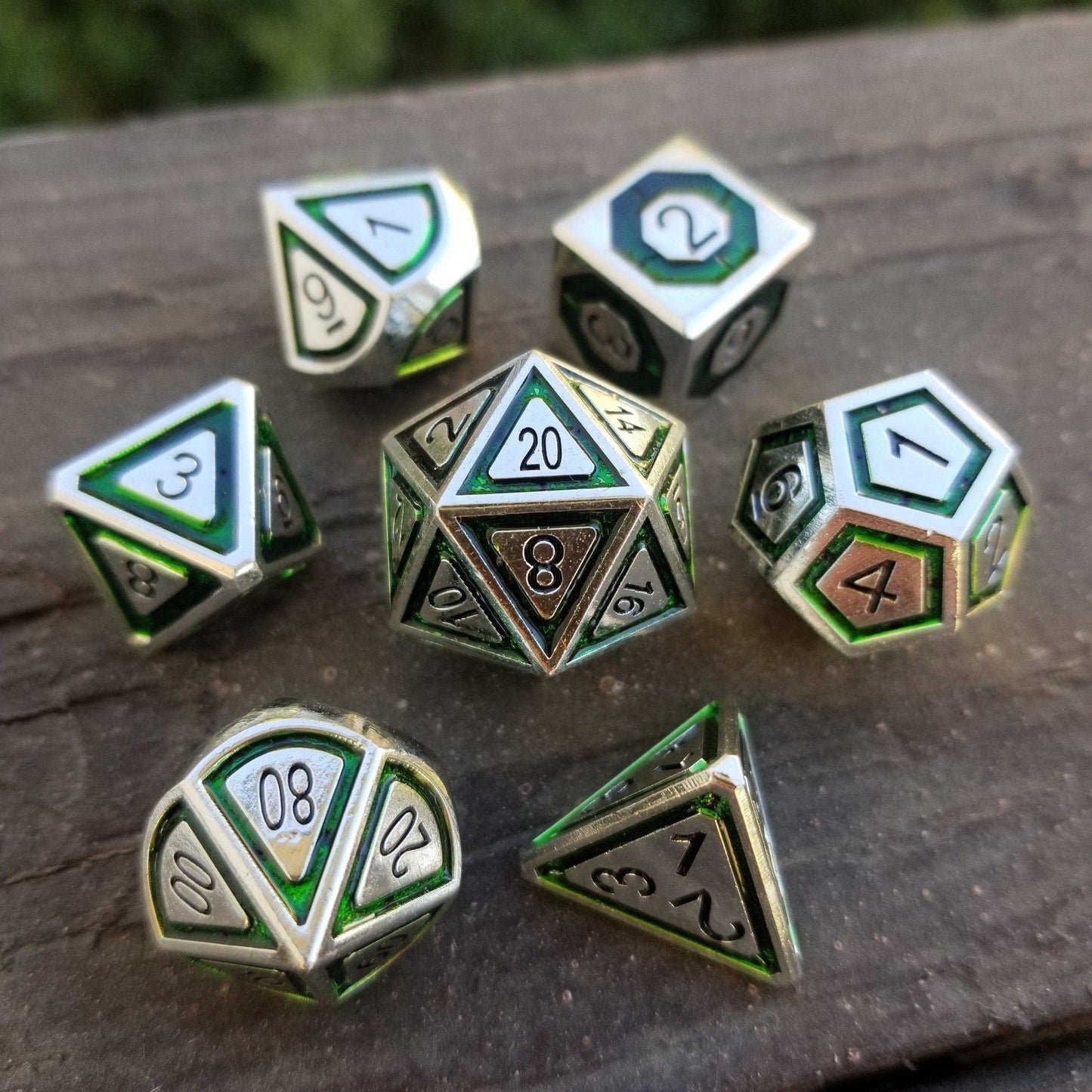 Cleric's Domain Green And Silver Metal Dice Set